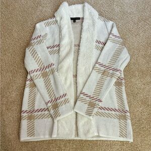 Super soft cozy cardigan. Ivory cream color with soft pink & brown accents. Med